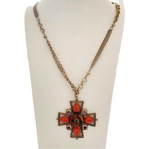 Chico's Orange and Gold Maltese Cross Pendant Long Necklace